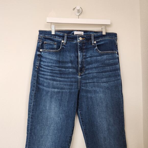 LOFT Blue Denim Raw Hem Slim Flare Jeans Distressed Hem Mid Rise 14 / 32W - Picture 2 of 9